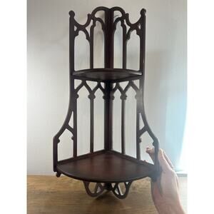 2 Tier Corner Wall Shelf Hanging Wood Mahogany Finish with Intricate Design 22”
